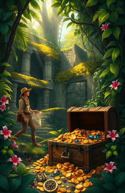 An adventurous scene depicting a treasure hunter searching for wealth and treasure in a lush, overgrown jungle