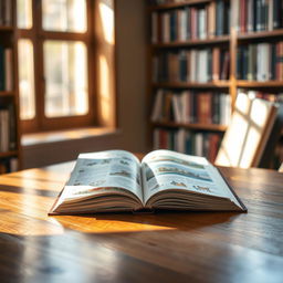 An open book resting on a polished wooden table, its pages fluttering gently in a breeze, with sunlight streaming through a nearby window, casting warm light on the table