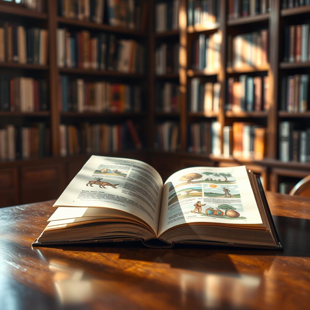 An open book resting on a polished wooden table, its pages fluttering gently in a breeze, with sunlight streaming through a nearby window, casting warm light on the table