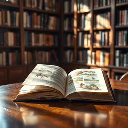 An open book resting on a polished wooden table, its pages fluttering gently in a breeze, with sunlight streaming through a nearby window, casting warm light on the table