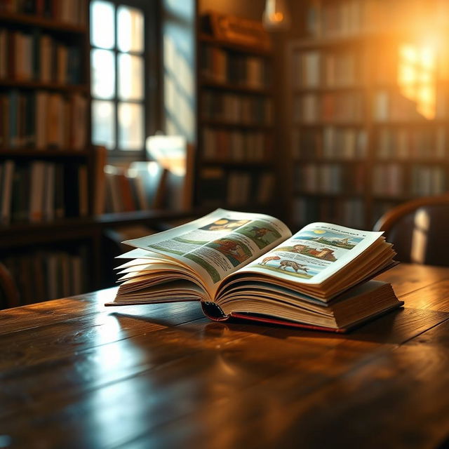 An open book resting on a polished wooden table, its pages fluttering gently in a breeze, with sunlight streaming through a nearby window, casting warm light on the table