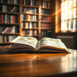 An open book resting on a polished wooden table, its pages fluttering gently in a breeze, with sunlight streaming through a nearby window, casting warm light on the table