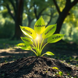 A fantastical scene of a plant emerging from the earth, with vibrant green leaves