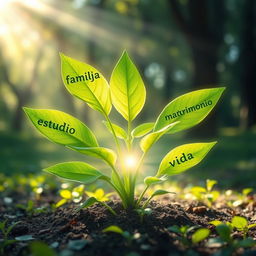 A fantastical scene of a plant emerging from the earth, with vibrant green leaves