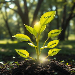 A fantastical scene of a plant emerging from the earth, with vibrant green leaves