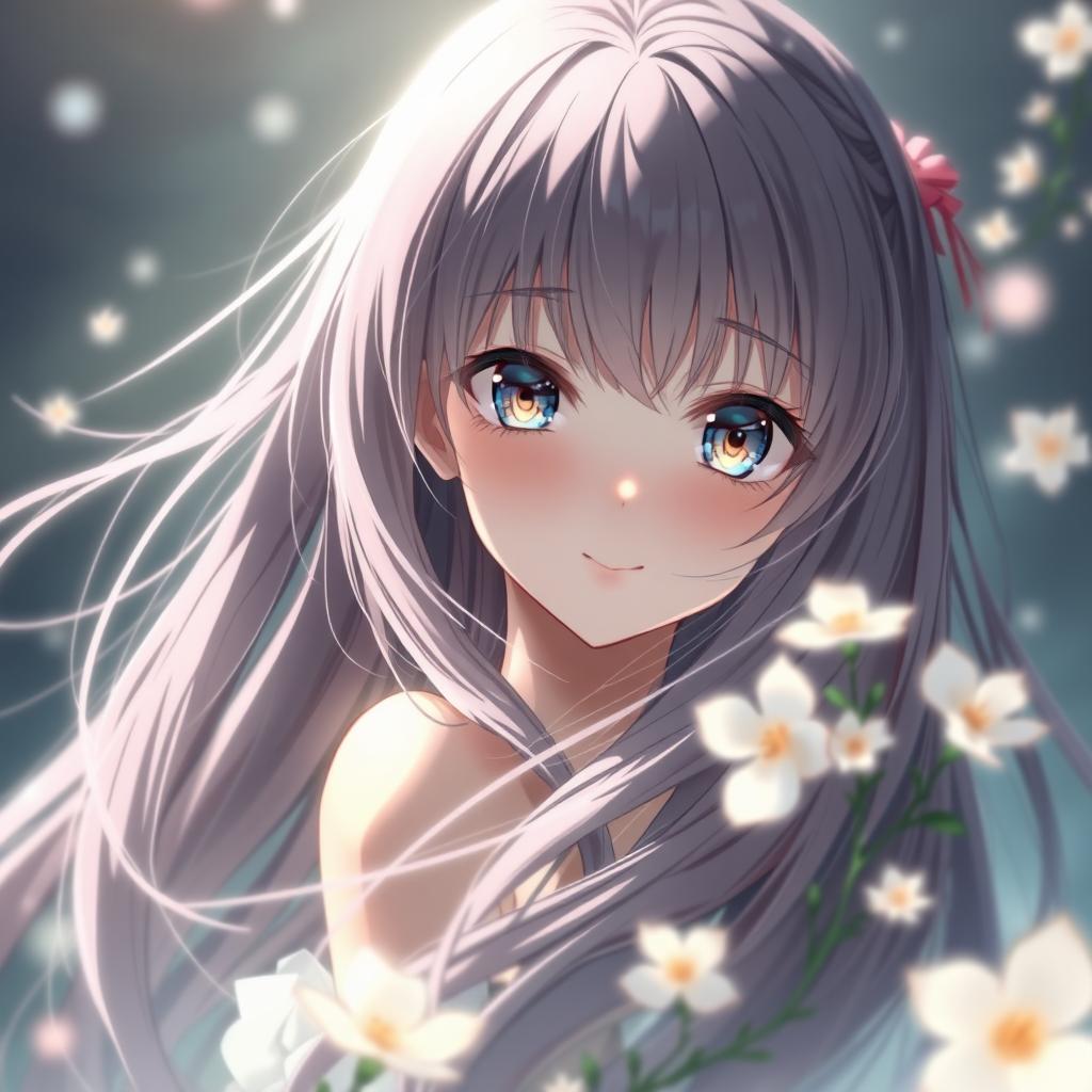 A striking anime girl with long, flowing hair, looking enchanting and ethereal