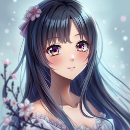 A striking anime girl with long, flowing hair, looking enchanting and ethereal