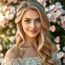 A close-up portrait of a stunning blonde woman with captivating blue eyes, her hair elegantly styled in loose waves cascading over her shoulders