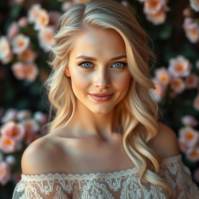 A close-up portrait of a stunning blonde woman with captivating blue eyes, her hair elegantly styled in loose waves cascading over her shoulders