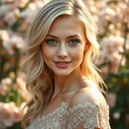 A close-up portrait of a stunning blonde woman with captivating blue eyes, her hair elegantly styled in loose waves cascading over her shoulders