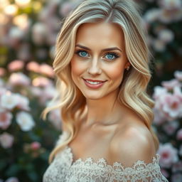 A close-up portrait of a stunning blonde woman with captivating blue eyes, her hair elegantly styled in loose waves cascading over her shoulders