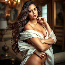 A beautiful, confident woman with long flowing hair, striking features, and a sensuous pose, exuding allure and charm