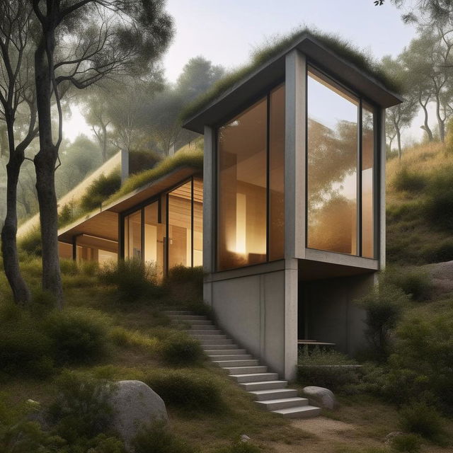 Design a two-block house with stairs connecting from the ground floor all the way up to the attic, ensconced in a hilly landscape.