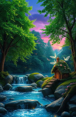 An enchanting forest scene at twilight, where lush, vibrant trees with emerald green leaves create a magical backdrop