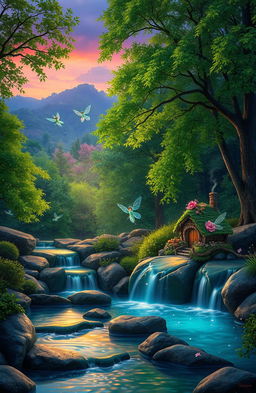 An enchanting forest scene at twilight, where lush, vibrant trees with emerald green leaves create a magical backdrop