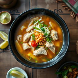 A steaming bowl of Soto soup, a traditional Indonesian dish, featuring a rich, flavorful broth infused with aromatic herbs and spices
