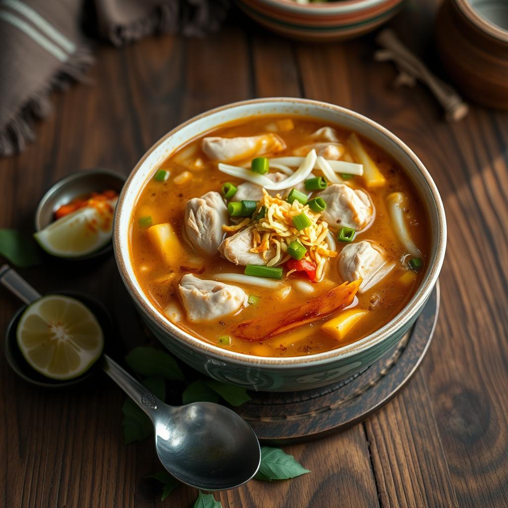 A steaming bowl of Soto soup, a traditional Indonesian dish, featuring a rich, flavorful broth infused with aromatic herbs and spices