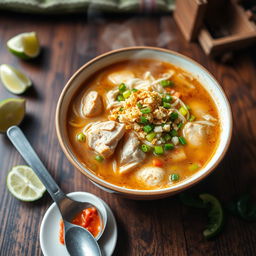 A steaming bowl of Soto soup, a traditional Indonesian dish, featuring a rich, flavorful broth infused with aromatic herbs and spices