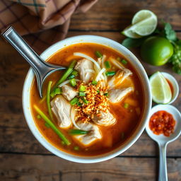 A steaming bowl of Soto soup, a traditional Indonesian dish, featuring a rich, flavorful broth infused with aromatic herbs and spices