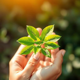 A serene image of hands gently holding a small plant that has vibrant green leaves