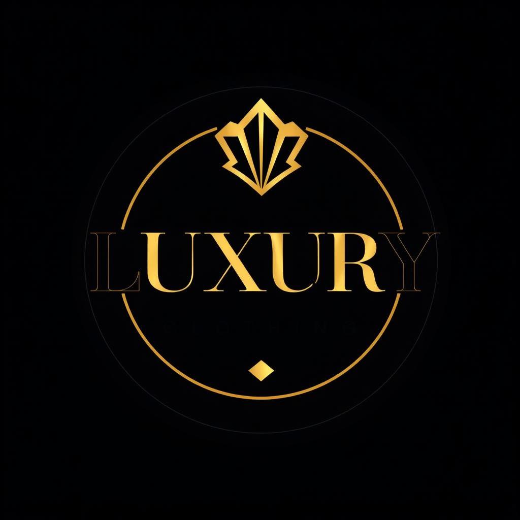 A luxurious fashion brand logo design featuring elegant typography with the word 'LUXURY' in gold, complemented by a refined symbol reminiscent of a crown or jewel above the text