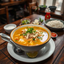 A steaming bowl of traditional Soto soup, served on a rustic wooden table