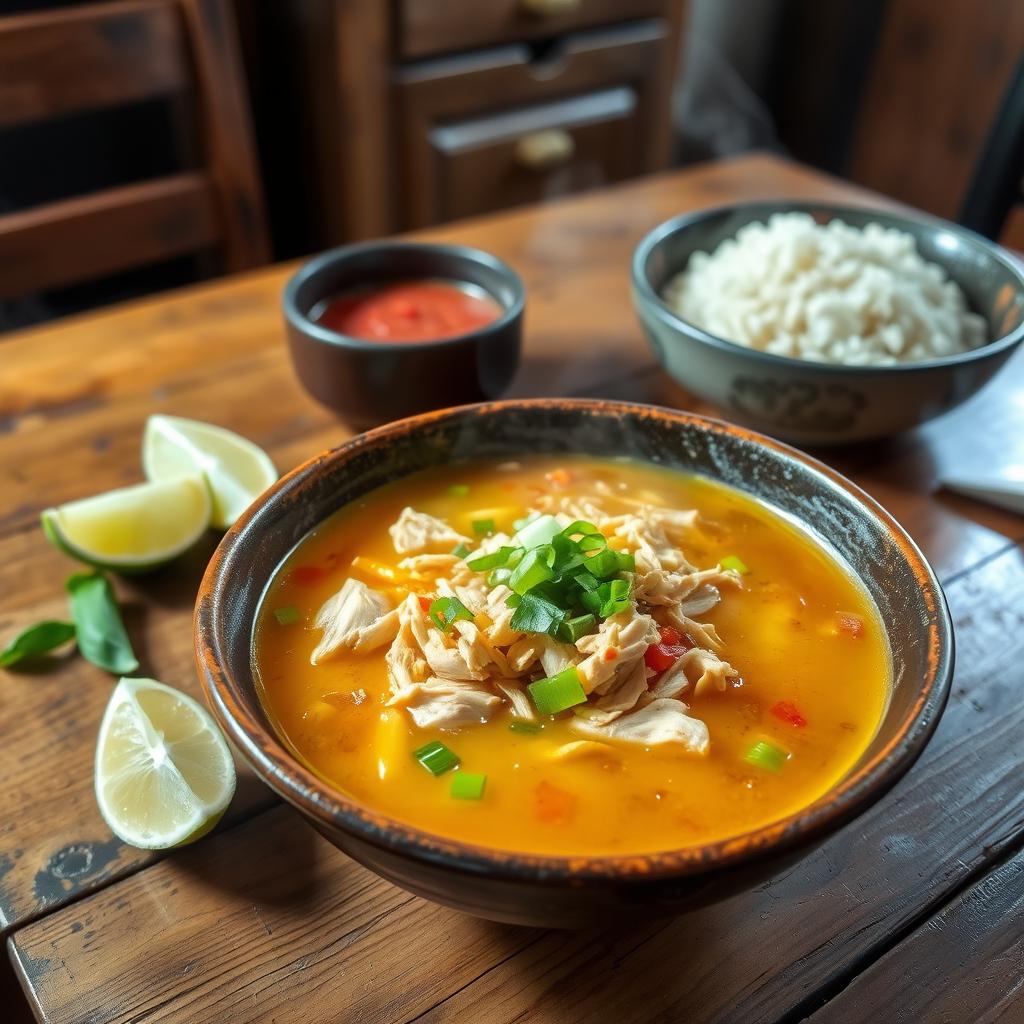 A steaming bowl of traditional Soto soup, served on a rustic wooden table