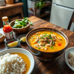 A steaming bowl of traditional Soto soup, served on a rustic wooden table