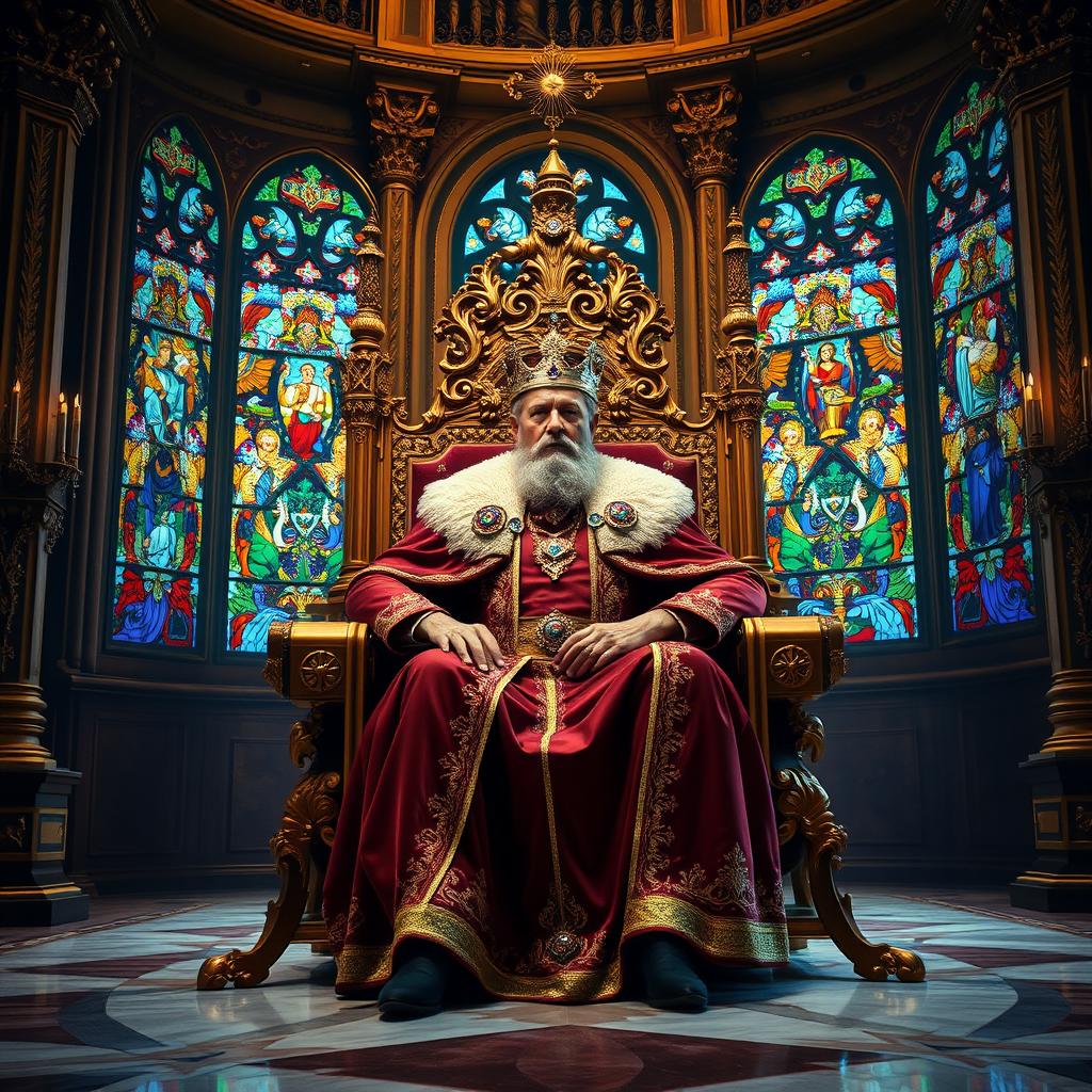 A majestic king sitting on a richly adorned royal throne, dressed in luxurious robes and a gleaming crown