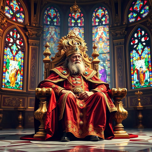 A majestic king sitting on a richly adorned royal throne, dressed in luxurious robes and a gleaming crown