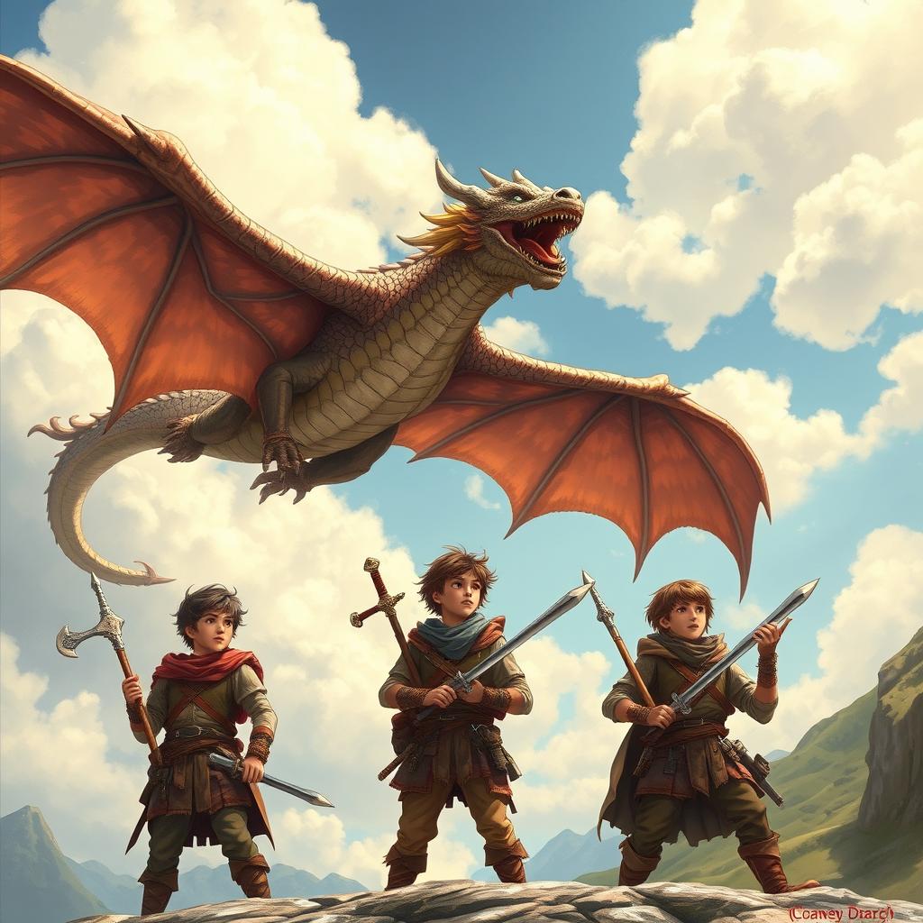 A majestic dragon soaring through the sky, its scales shimmering in the sunlight