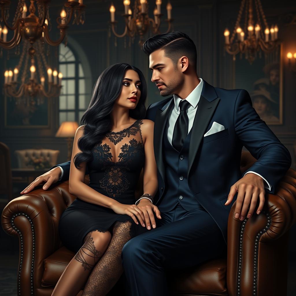 A realistic depiction of a mafia boss couple named Beah and Liam, showcasing them in a stylish, luxurious setting