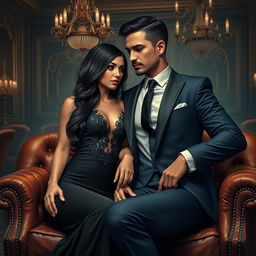 A realistic depiction of a mafia boss couple named Beah and Liam, showcasing them in a stylish, luxurious setting