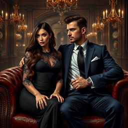 A realistic depiction of a mafia boss couple named Beah and Liam, showcasing them in a stylish, luxurious setting
