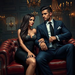 A realistic depiction of a mafia boss couple named Beah and Liam, showcasing them in a stylish, luxurious setting