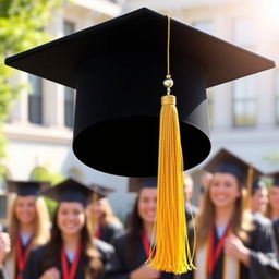 An artistic representation of a graduation cap, showcasing its classic black color and square mortarboard, adorned with a vibrant tassel in gold