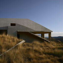 Architectural design of a building partitioned by stairs running from the ground floor to the attic, set in the landscape of rolling hills