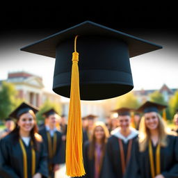 An artistic representation of a graduation cap, showcasing its classic black color and square mortarboard, adorned with a vibrant tassel in gold