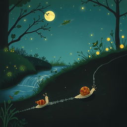 A whimsical illustration of a small snail journeying at night during a warm summer evening, making its way to the edge of a serene brook