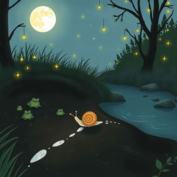 A whimsical illustration of a small snail journeying at night during a warm summer evening, making its way to the edge of a serene brook