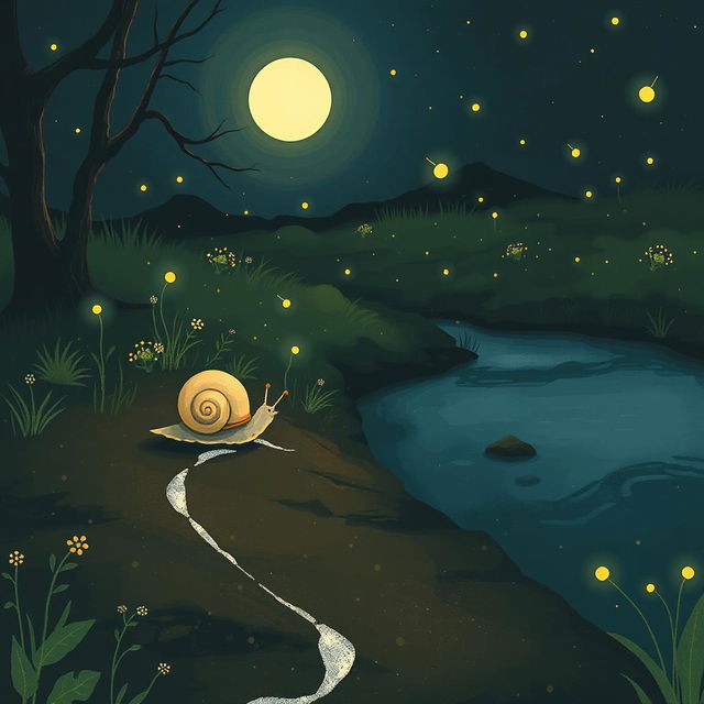 A whimsical illustration of a small snail journeying at night during a warm summer evening, making its way to the edge of a serene brook