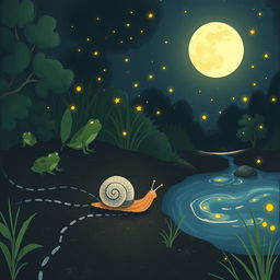 A whimsical illustration of a small snail journeying at night during a warm summer evening, making its way to the edge of a serene brook