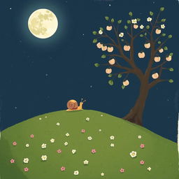 A small snail slowly climbing up a hillside on a summer night, nestled under a sweet osmanthus tree with fallen blossoms scattered on the ground