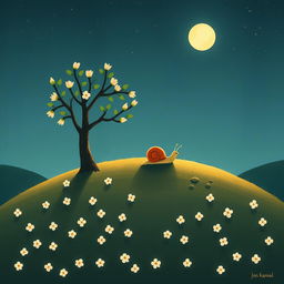 A small snail slowly climbing up a hillside on a summer night, nestled under a sweet osmanthus tree with fallen blossoms scattered on the ground