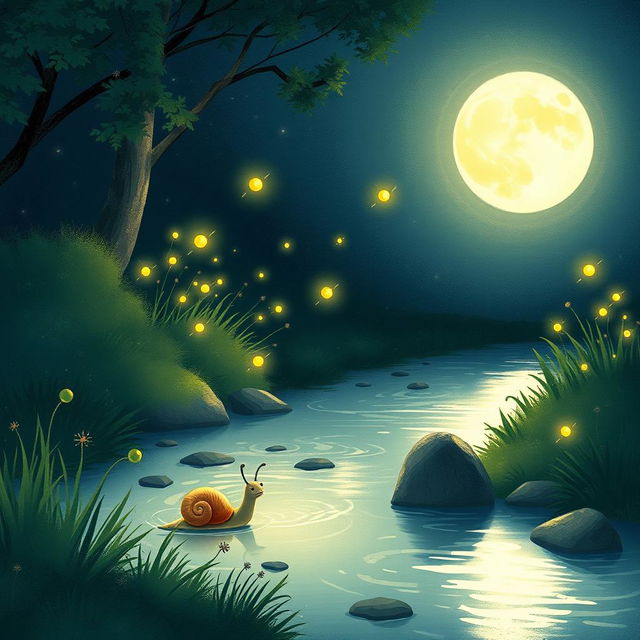 A whimsical illustration of a small snail crawling quietly by a babbling brook on a summer night