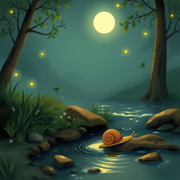 A whimsical illustration of a small snail crawling quietly by a babbling brook on a summer night