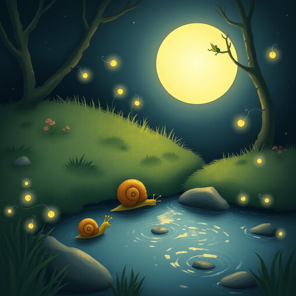 A whimsical illustration of a small snail crawling quietly by a babbling brook on a summer night