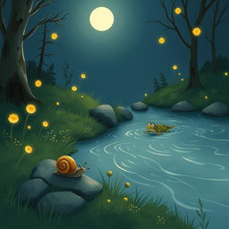 A whimsical illustration of a small snail crawling quietly by a babbling brook on a summer night