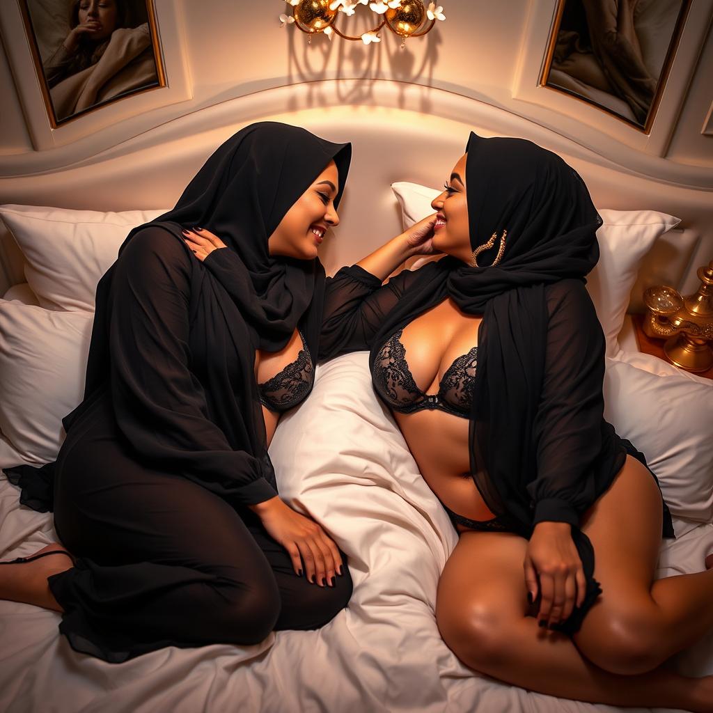 A sensual scene featuring mature women in hijabs, playfully and intimately kissing while lying on a luxurious bed