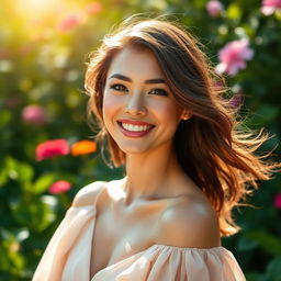 A beautiful woman with radiant skin glowing in the sunlight, showcasing a flawless complexion that appears bright and luminous
